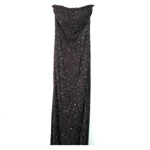 Strapless black beaded with side slits prom dress